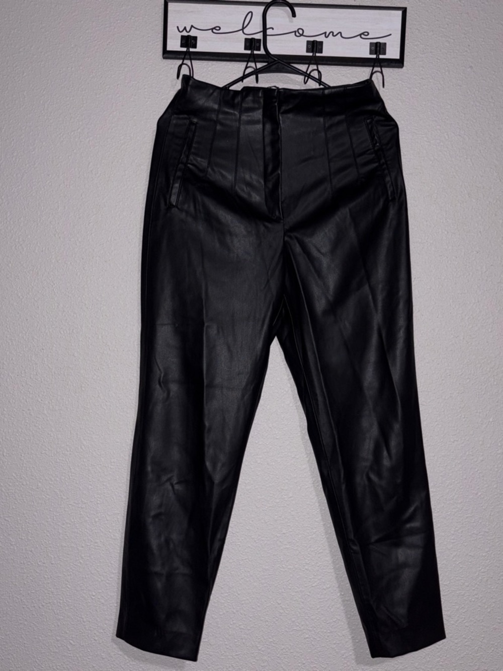 Zara Black Faux Leather Tapered Dress Pants